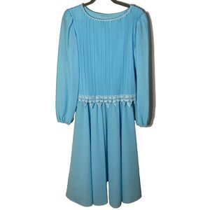 Vtg 80s Blue Midi Dress S-M Blouson White Lace 70s Mother of Bride Boston Maid